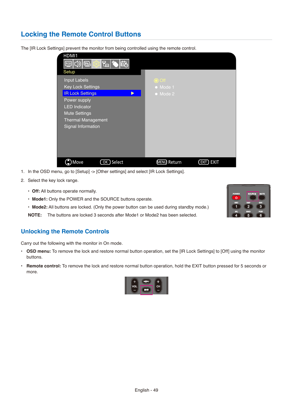 Locking the remote control buttons, Unlocking the remote controls | NEC E558 55" Class 4K UHD Commercial LED TV User Manual | Page 52 / 90