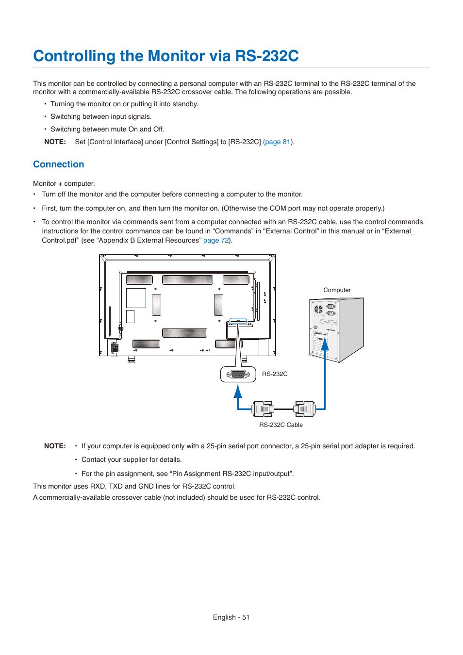 Controlling the monitor via rs-232c, Connection | NEC E558 55" Class 4K UHD Commercial LED TV User Manual | Page 54 / 90