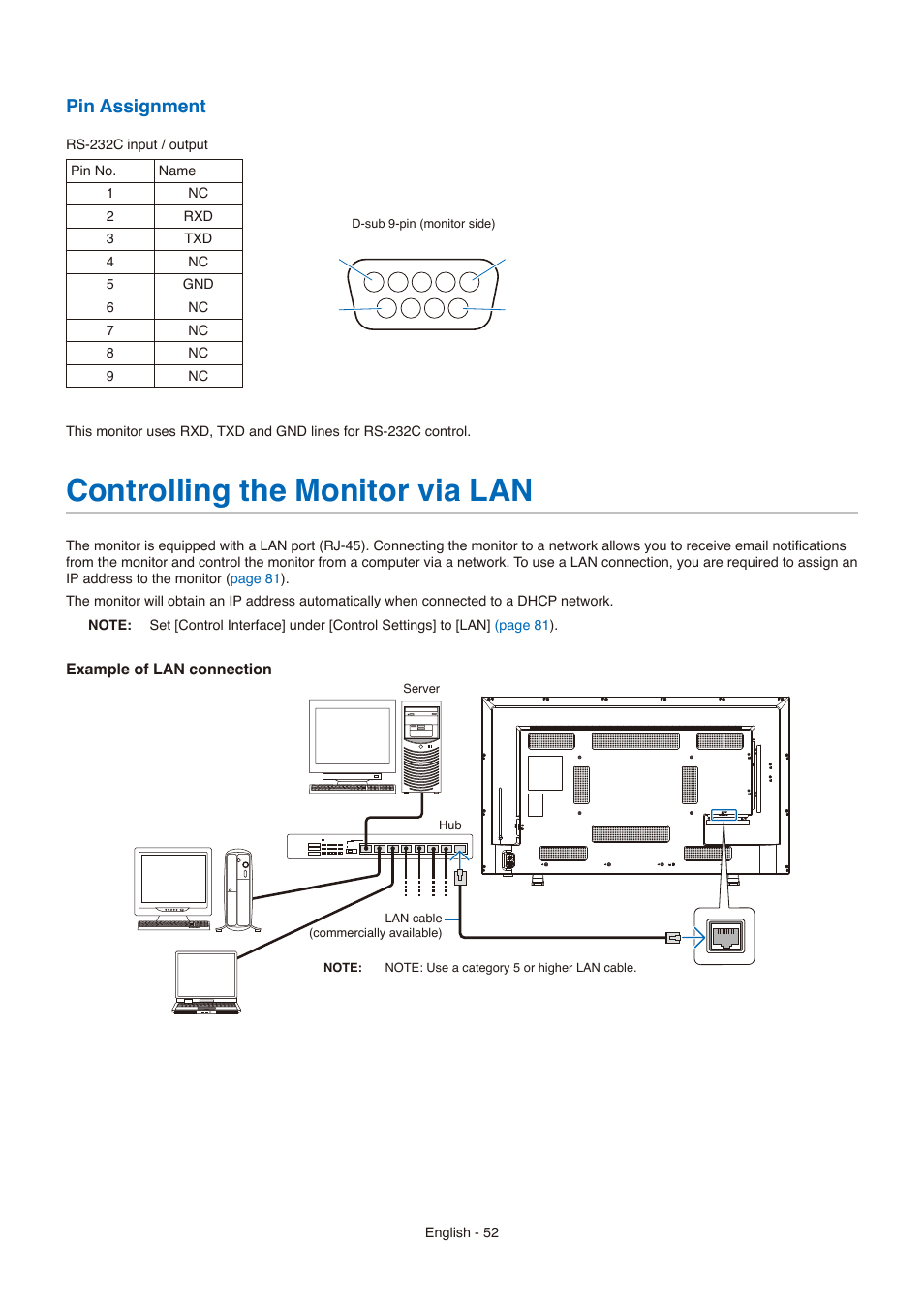 Controlling the monitor via lan, Pin assignment | NEC E558 55" Class 4K UHD Commercial LED TV User Manual | Page 55 / 90