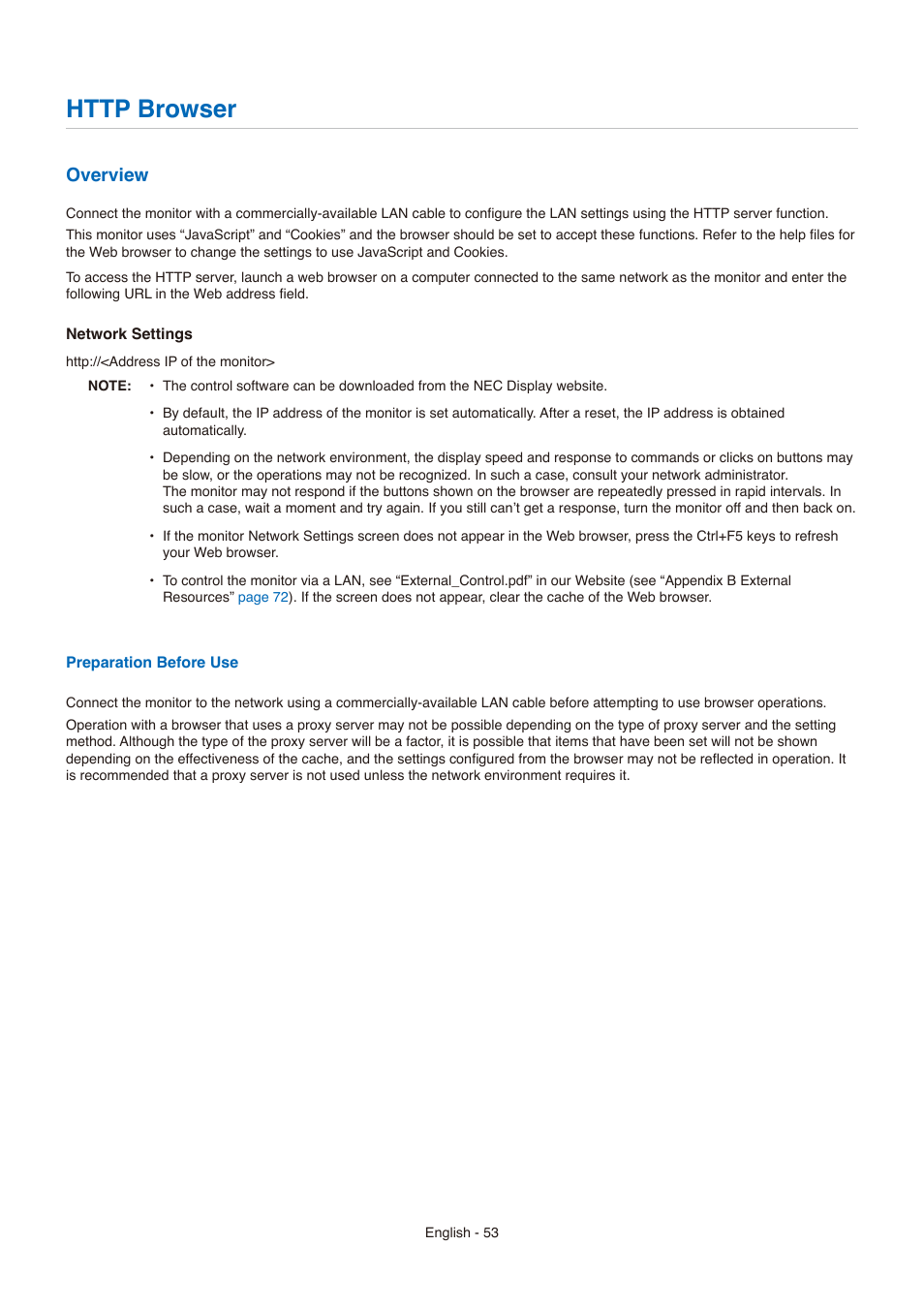 Http browser, Overview | NEC E558 55" Class 4K UHD Commercial LED TV User Manual | Page 56 / 90