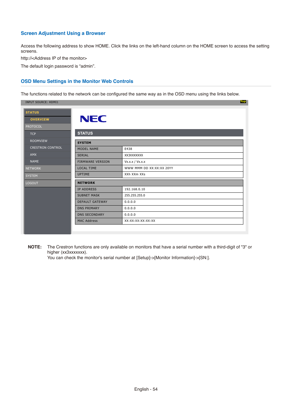 Screen adjustment using a browser, Osd menu settings in the monitor eb controls | NEC E558 55" Class 4K UHD Commercial LED TV User Manual | Page 57 / 90