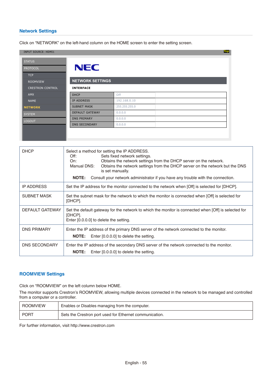 Network settings, Roomvie settings | NEC E558 55" Class 4K UHD Commercial LED TV User Manual | Page 58 / 90