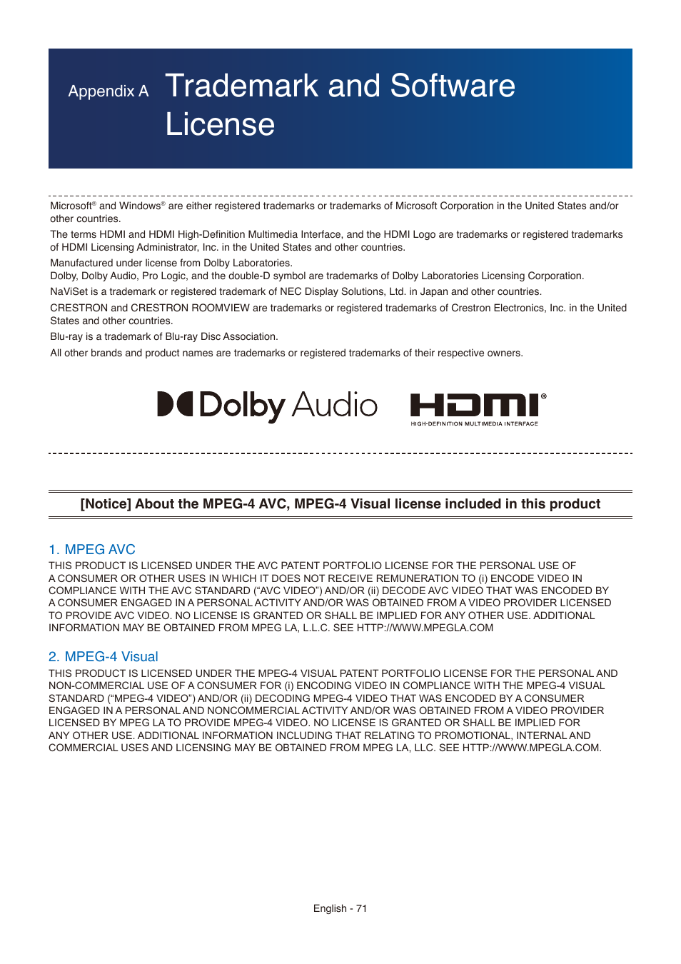 Trademark and software license, Appendix a | NEC E558 55" Class 4K UHD Commercial LED TV User Manual | Page 74 / 90