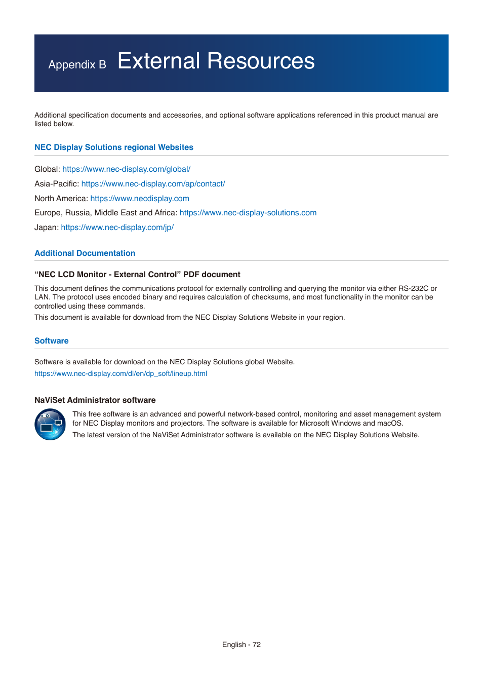 External resources, Appendix b | NEC E558 55" Class 4K UHD Commercial LED TV User Manual | Page 75 / 90