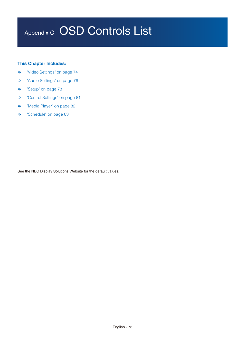 Osd controls list, Appendix c | NEC E558 55" Class 4K UHD Commercial LED TV User Manual | Page 76 / 90