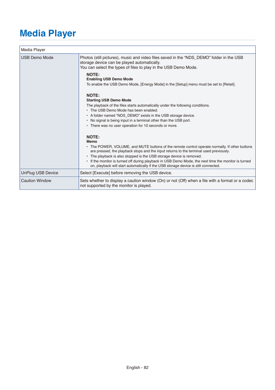 Media player | NEC E558 55" Class 4K UHD Commercial LED TV User Manual | Page 85 / 90