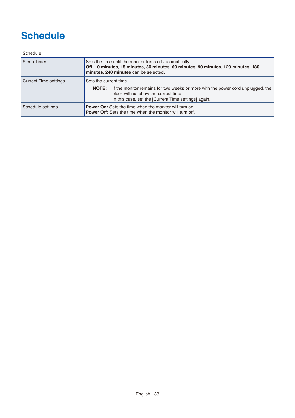 Schedule | NEC E558 55" Class 4K UHD Commercial LED TV User Manual | Page 86 / 90