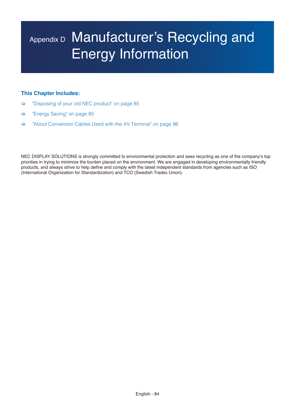 Manufacturer’s recycling and energy information | NEC E558 55" Class 4K UHD Commercial LED TV User Manual | Page 87 / 90