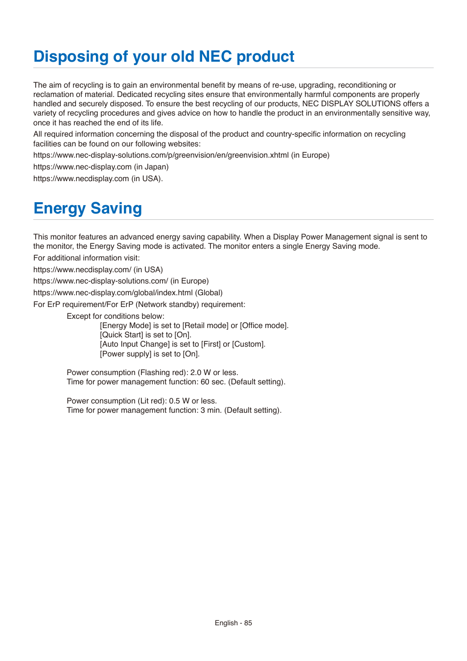 Disposing of your old nec product, Energy saving | NEC E558 55" Class 4K UHD Commercial LED TV User Manual | Page 88 / 90