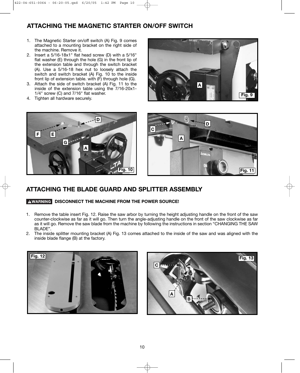 Attaching the magnetic starter on/off switch, Attaching the blade guard and splitter assembly | Delta UNISAW 34-814 User Manual | Page 10 / 28