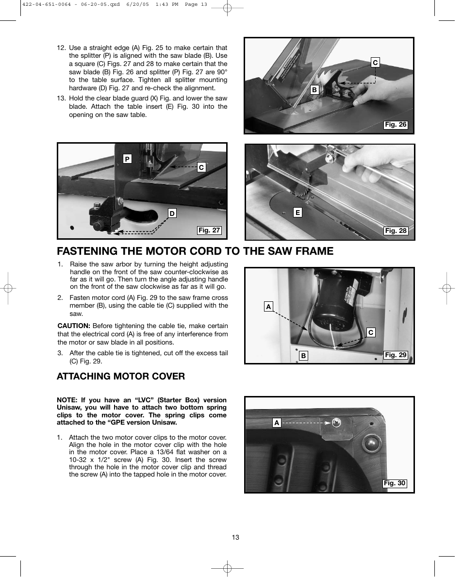 Fastening the motor cord to the saw frame, Attaching motor cover | Delta UNISAW 34-814 User Manual | Page 13 / 28