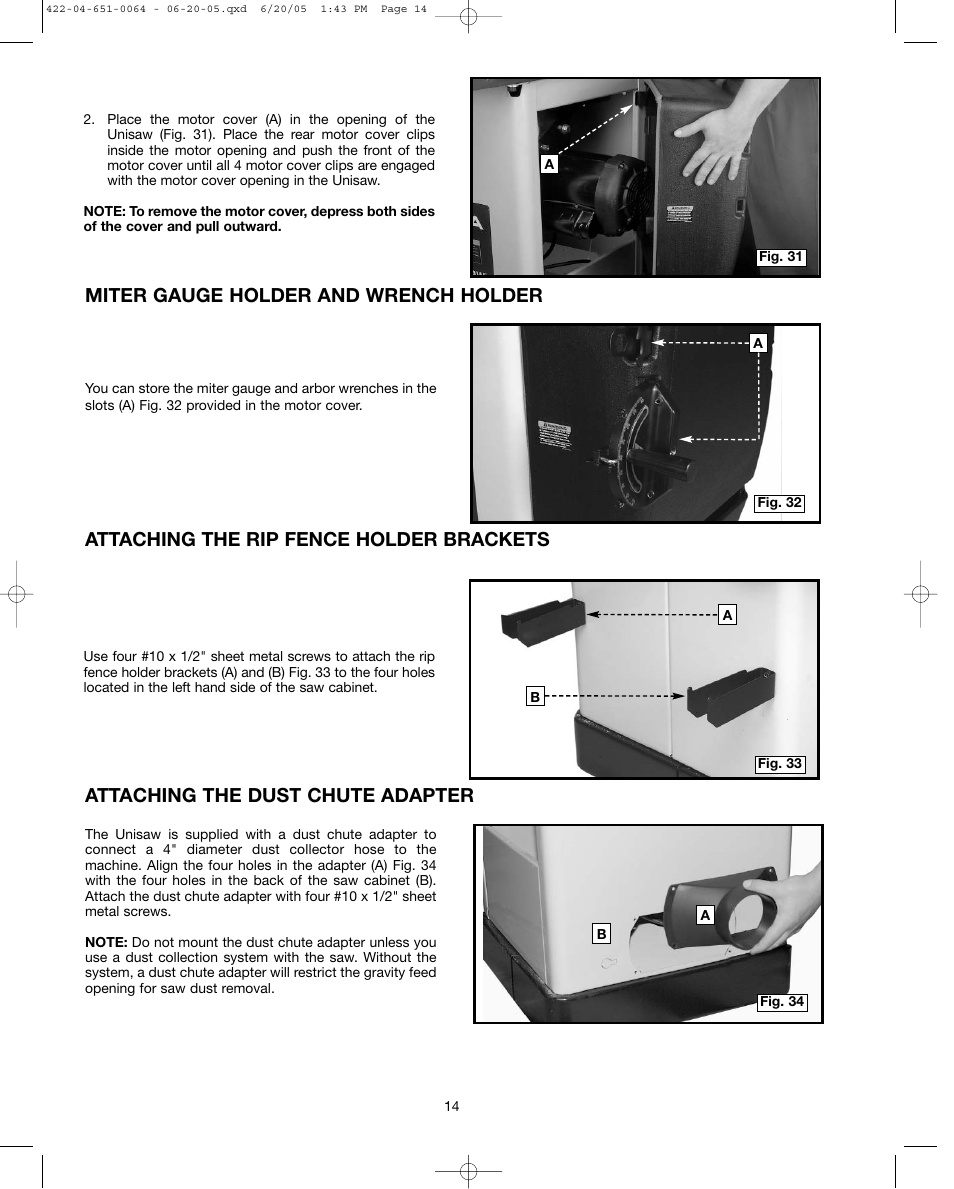 Miter gauge holder and wrench holder, Attaching the rip fence holder brackets, Attaching the dust chute adapter | Delta UNISAW 34-814 User Manual | Page 14 / 28