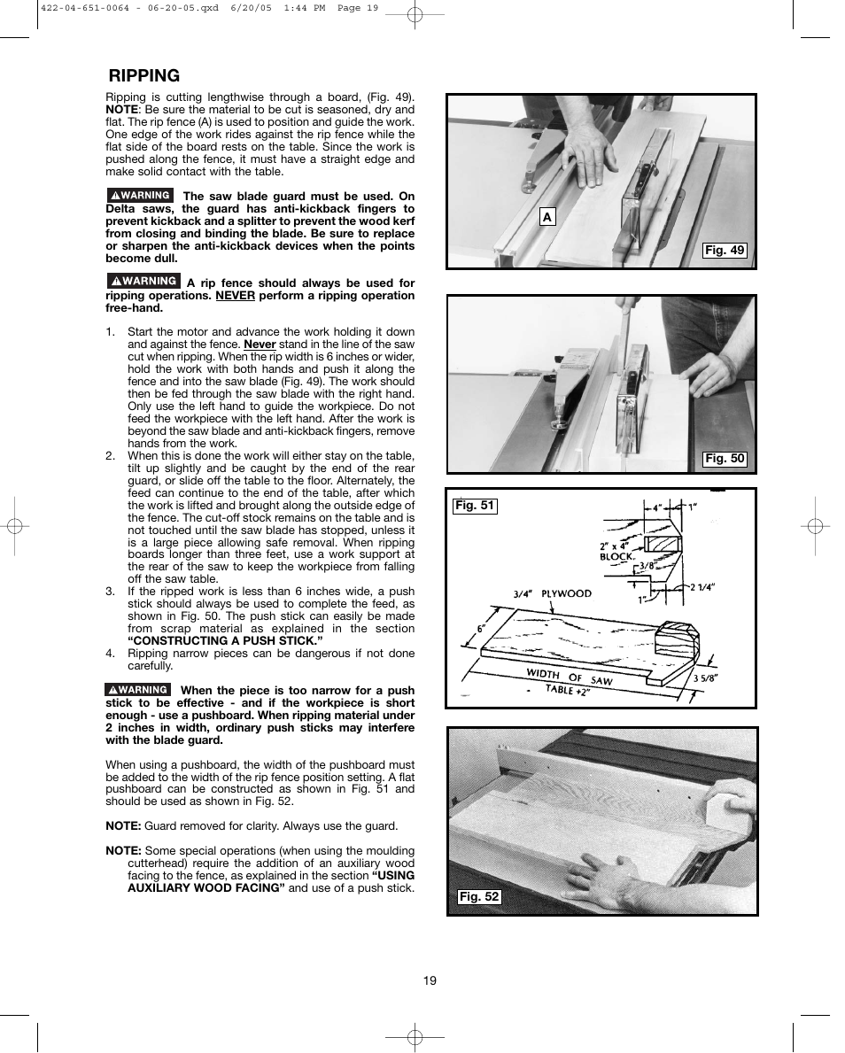 Ripping | Delta UNISAW 34-814 User Manual | Page 19 / 28