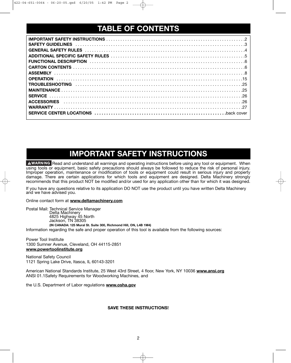 Delta UNISAW 34-814 User Manual | Page 2 / 28