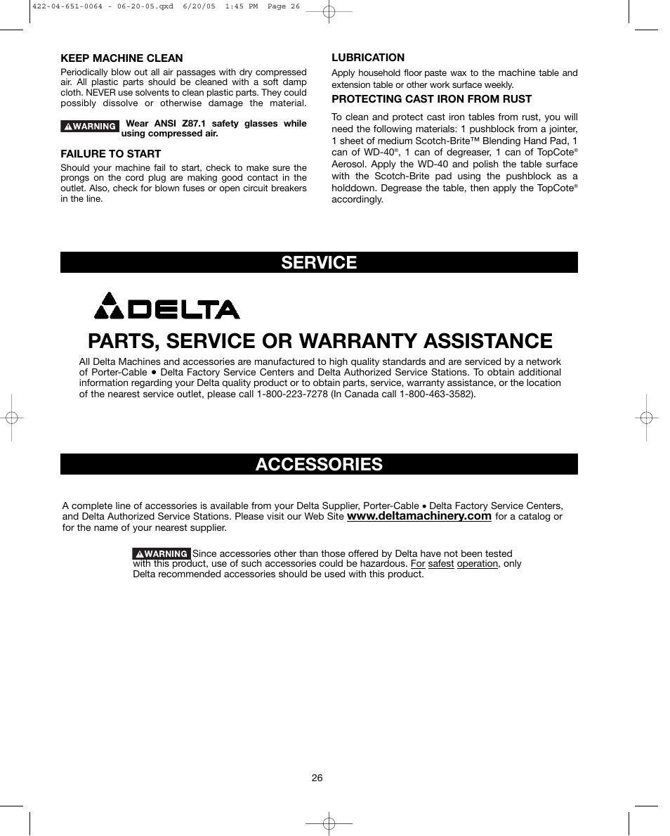 Parts, service or warranty assistance, Accessories, Service | Delta UNISAW 34-814 User Manual | Page 26 / 28