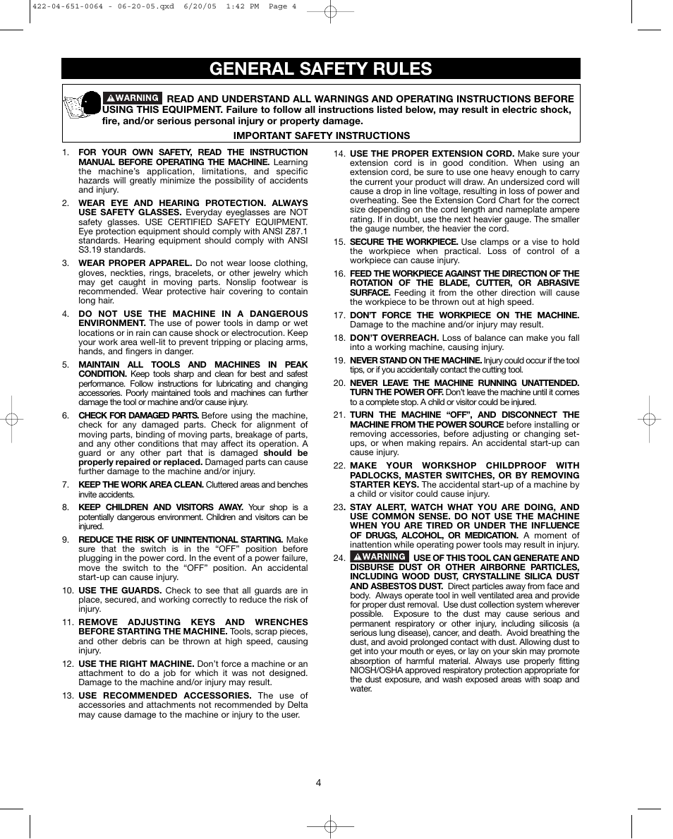 General safety rules | Delta UNISAW 34-814 User Manual | Page 4 / 28