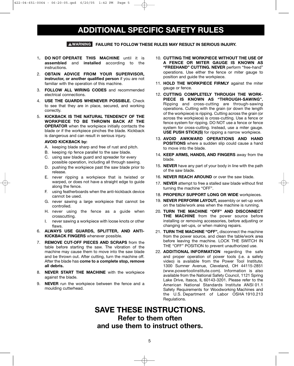 Additional specific safety rules, Save these instructions | Delta UNISAW 34-814 User Manual | Page 5 / 28