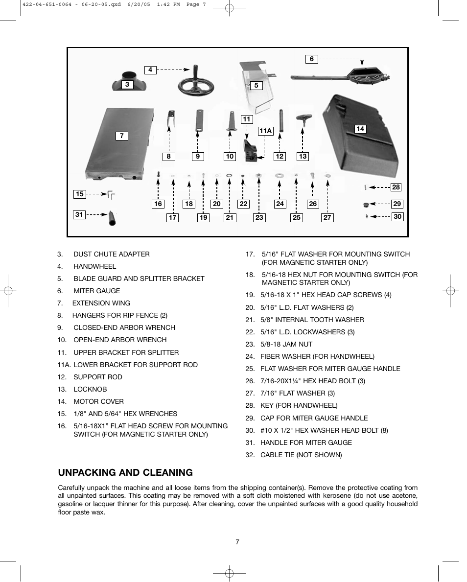 Unpacking and cleaning | Delta UNISAW 34-814 User Manual | Page 7 / 28