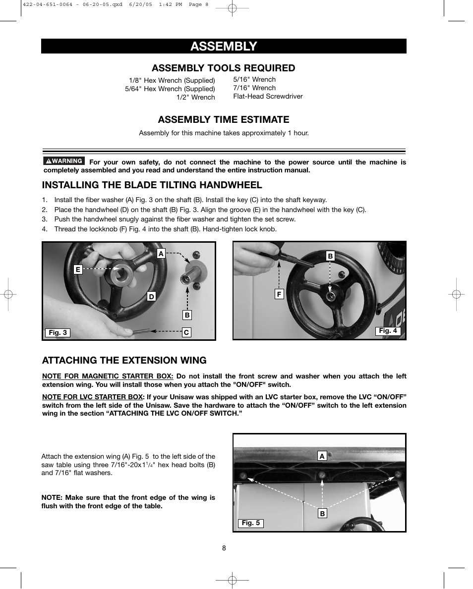 Assembly, Assembly tools required assembly time estimate, Installing the blade tilting handwheel | Attaching the extension wing | Delta UNISAW 34-814 User Manual | Page 8 / 28