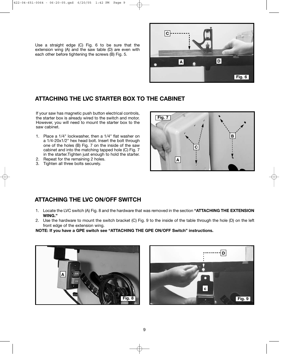 Attaching the lvc starter box to the cabinet, Attaching the lvc on/off switch | Delta UNISAW 34-814 User Manual | Page 9 / 28