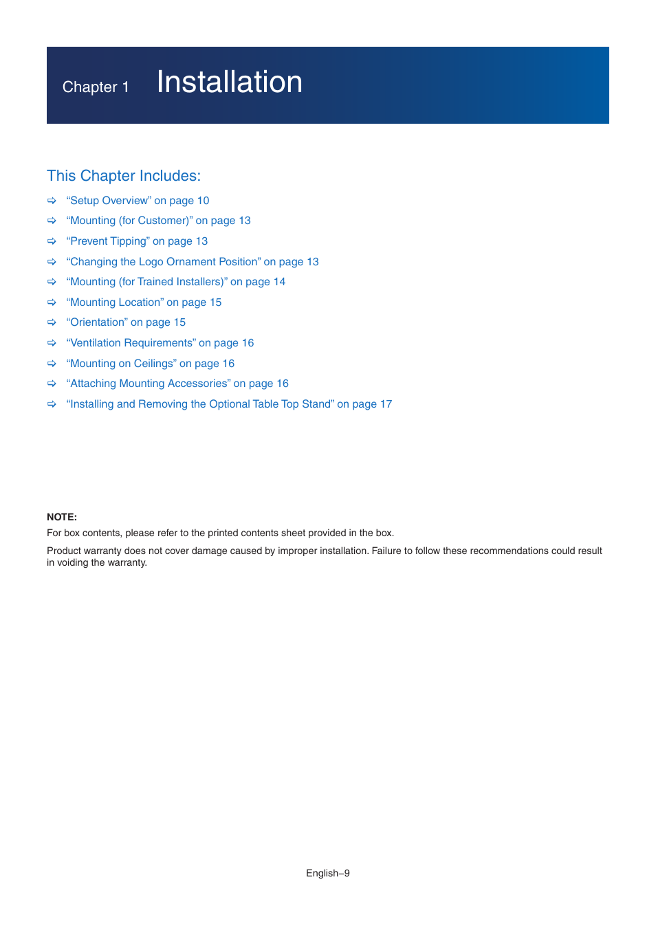 Installation, Chapter 1, This chapter includes | NEC M Series 32" Commercial PCAP Touchscreen Display User Manual | Page 13 / 90