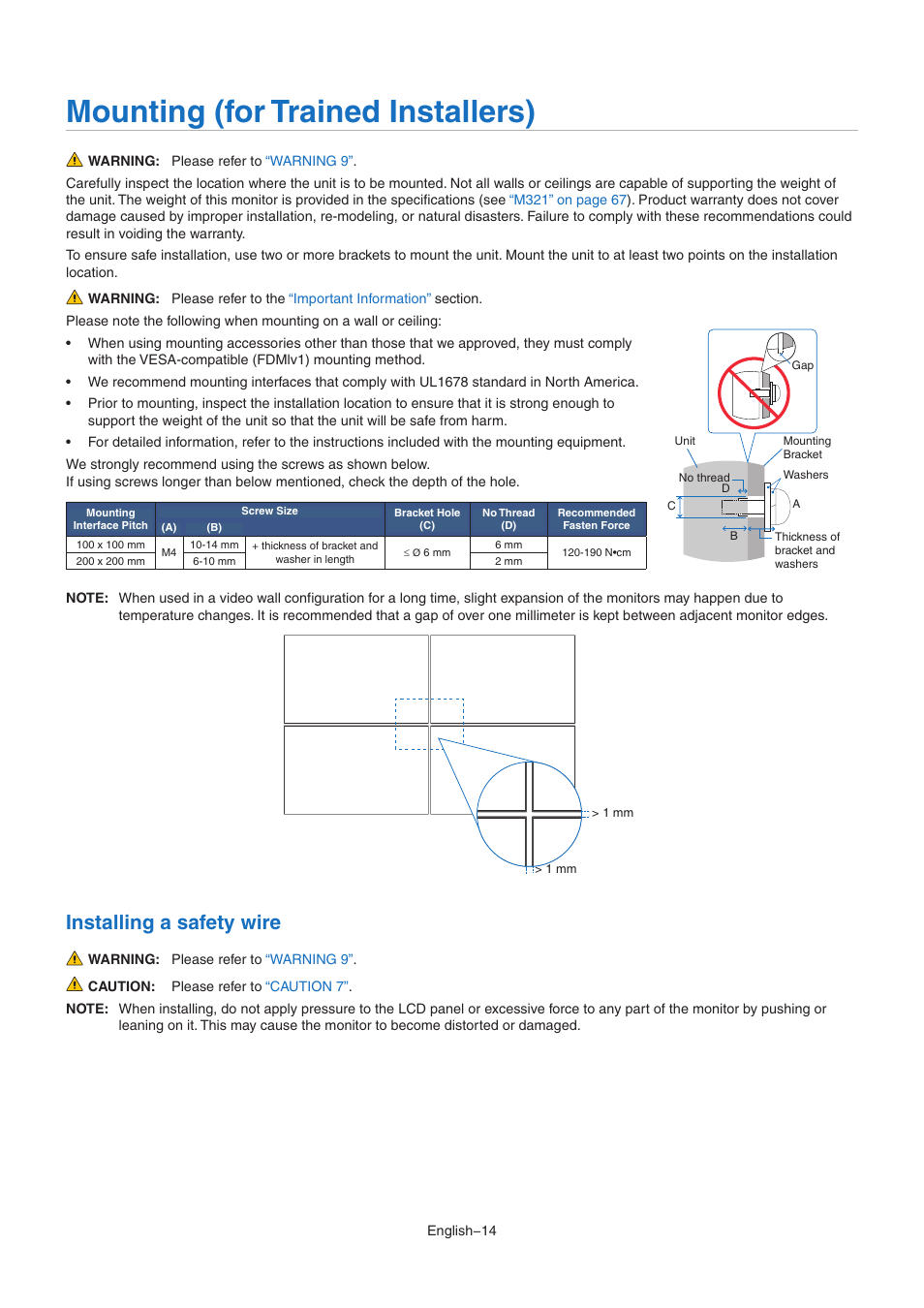 Mounting (for trained installers), Installing a safety wire | NEC M Series 32" Commercial PCAP Touchscreen Display User Manual | Page 18 / 90