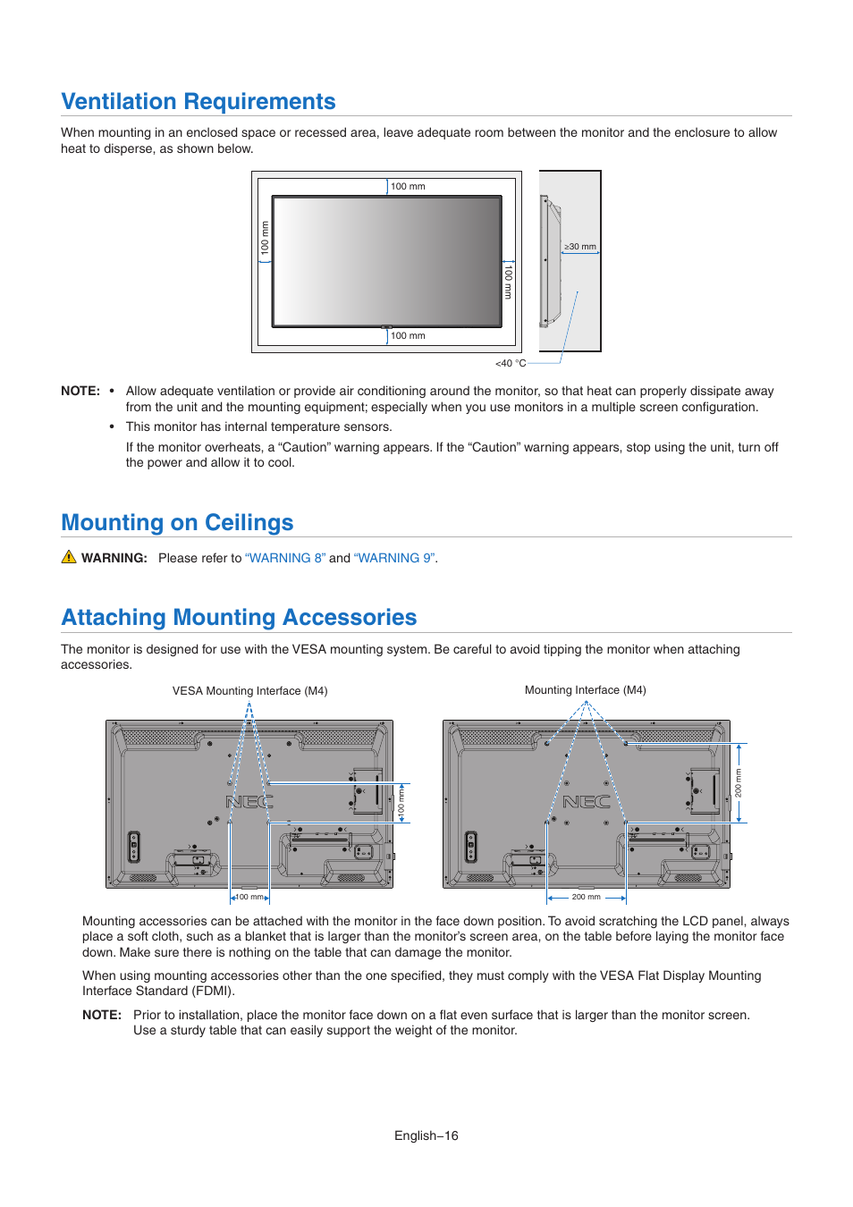 Ventilation requirements, Mounting on ceilings, Attaching mounting accessories | NEC M Series 32" Commercial PCAP Touchscreen Display User Manual | Page 20 / 90