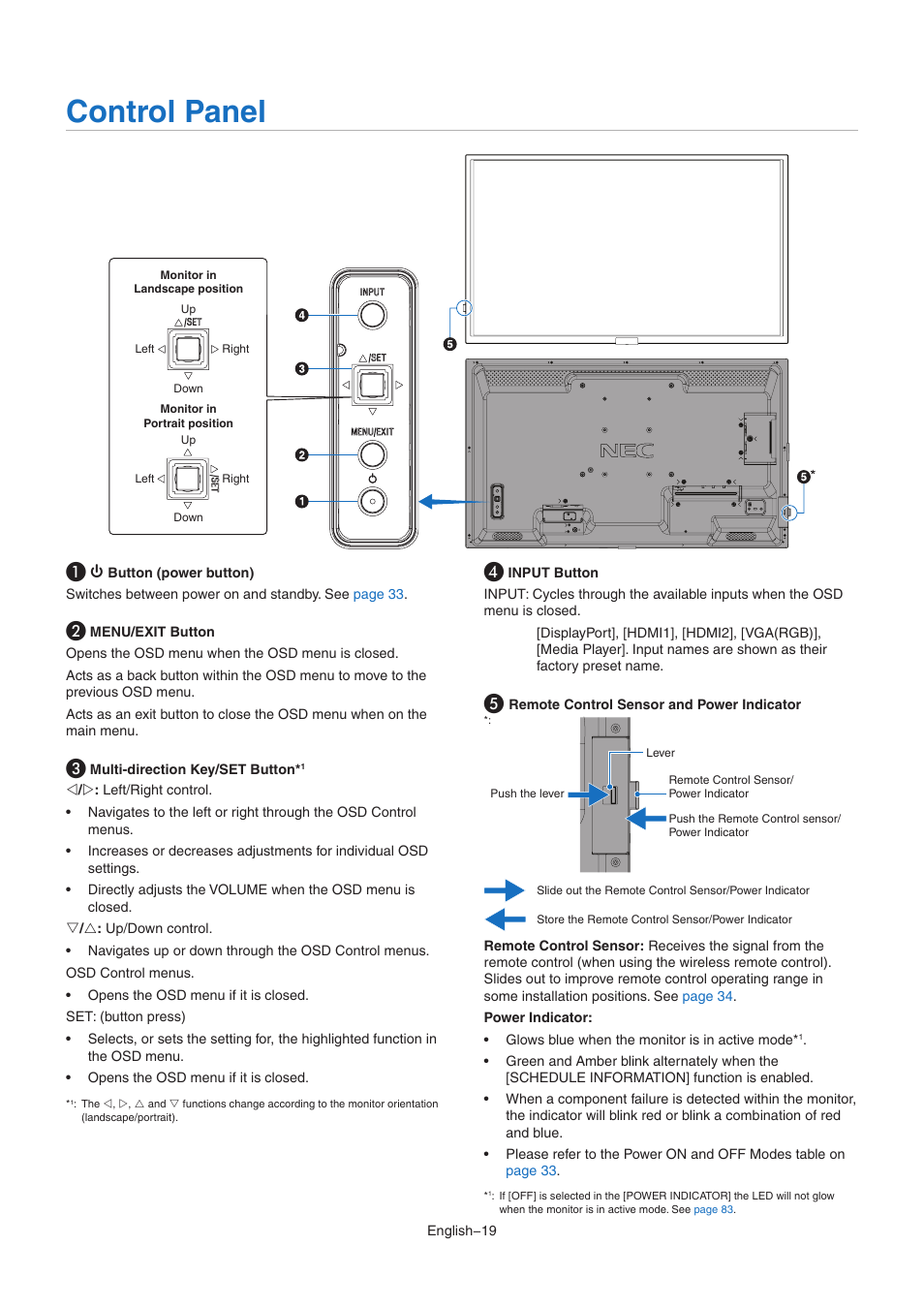 Control panel | NEC M Series 32" Commercial PCAP Touchscreen Display User Manual | Page 23 / 90