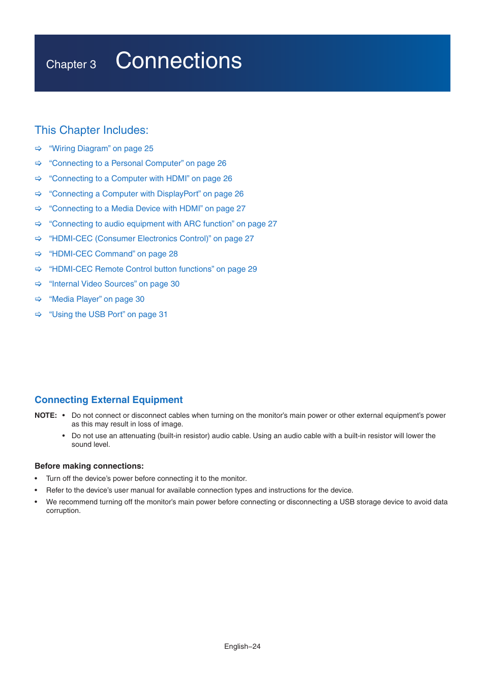 Connections, Chapter 3, This chapter includes | NEC M Series 32" Commercial PCAP Touchscreen Display User Manual | Page 28 / 90