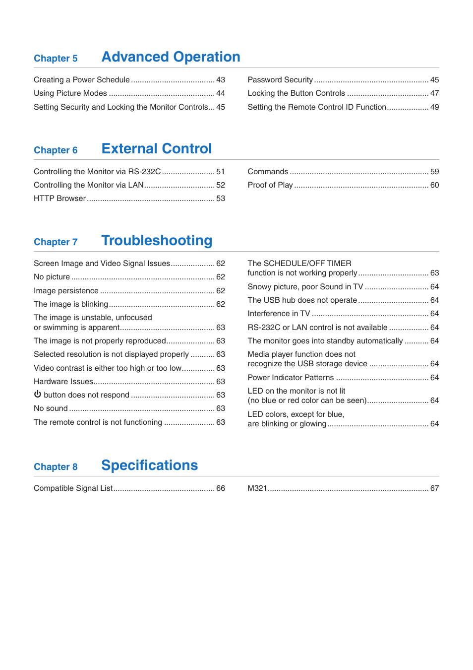 Advanced operation, External control, Troubleshooting | Specifications | NEC M Series 32" Commercial PCAP Touchscreen Display User Manual | Page 3 / 90