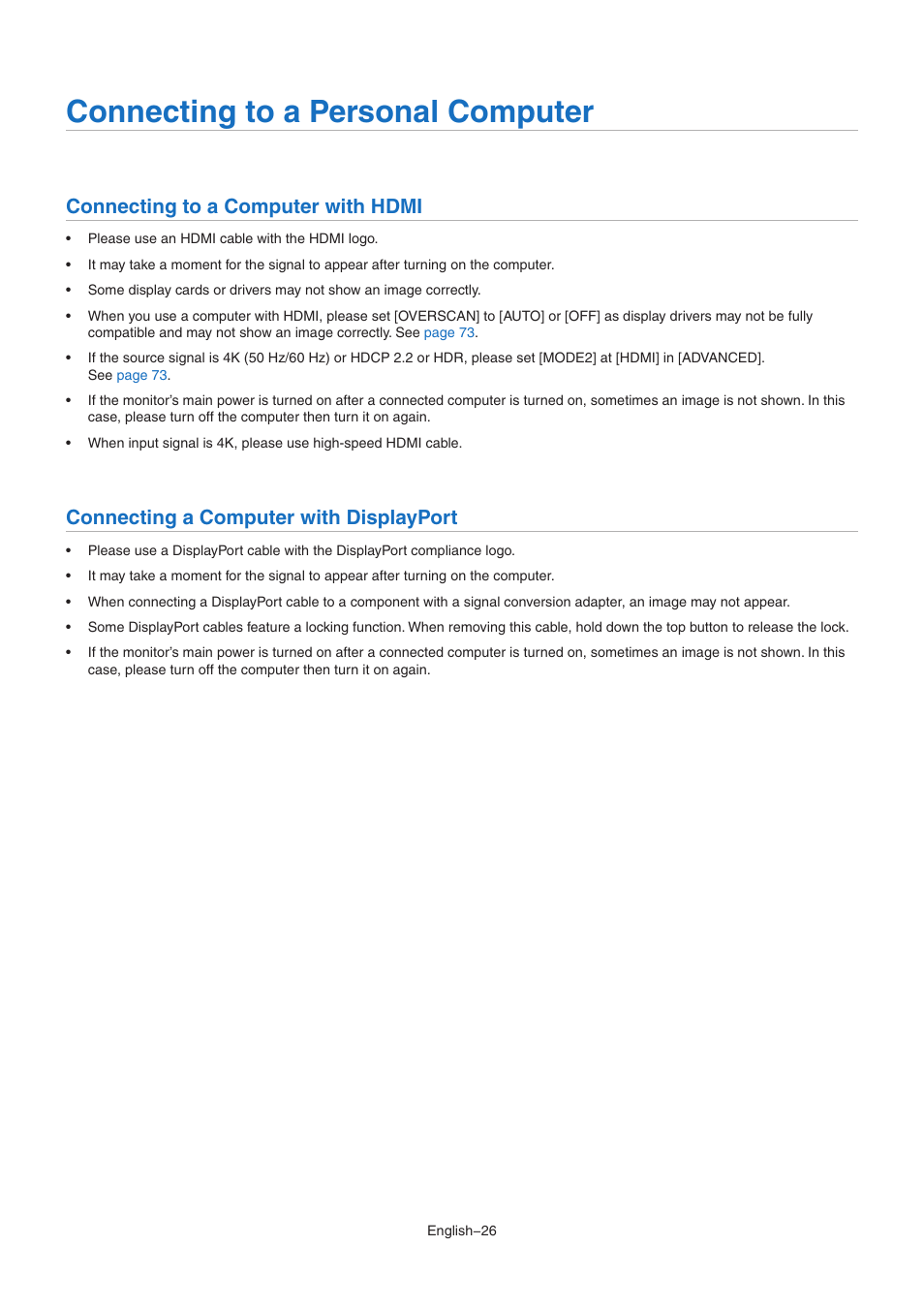 Connecting to a personal computer, Connecting to a computer with hdmi, Connecting a computer with displayport | NEC M Series 32" Commercial PCAP Touchscreen Display User Manual | Page 30 / 90