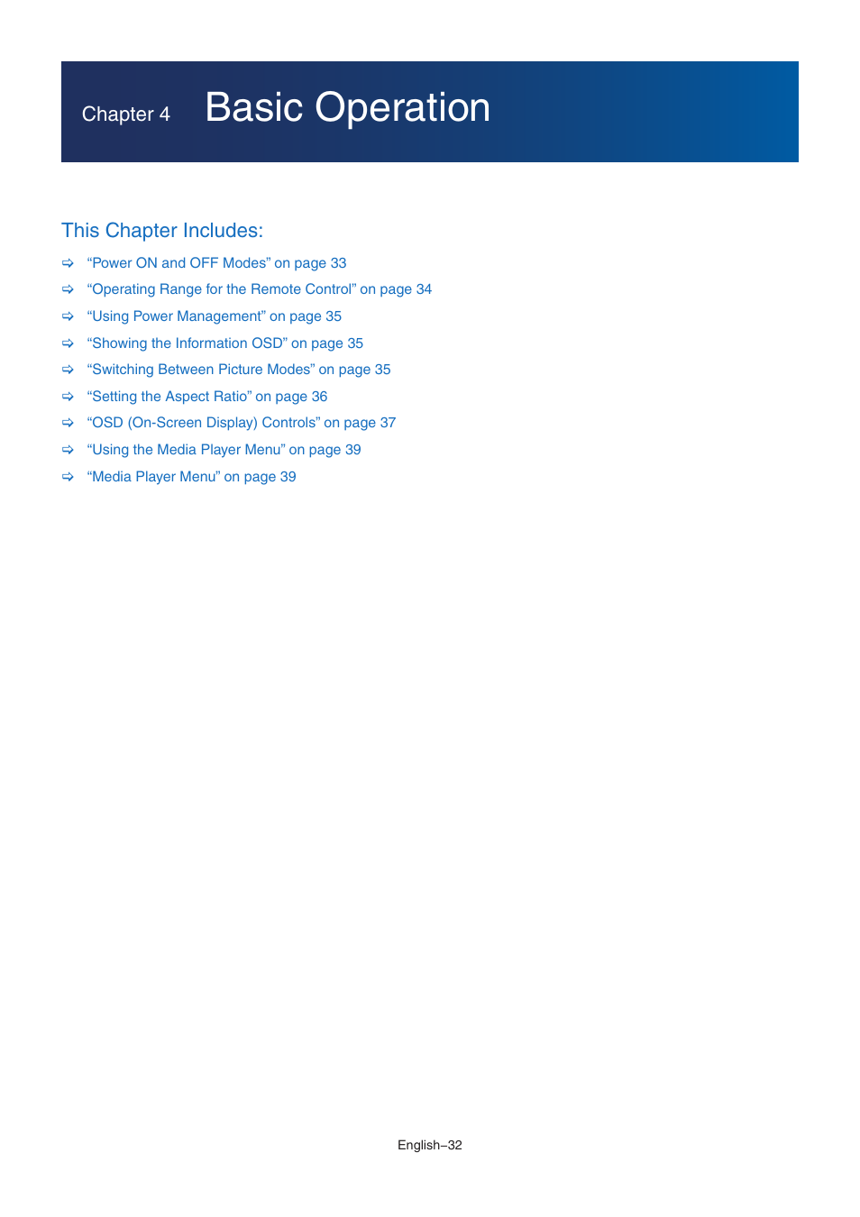 Basic operation, Chapter 4, This chapter includes | NEC M Series 32" Commercial PCAP Touchscreen Display User Manual | Page 36 / 90