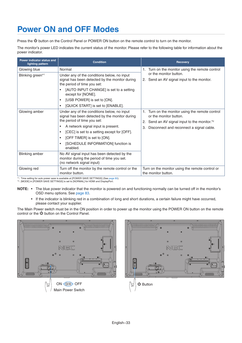 Power on and off modes | NEC M Series 32" Commercial PCAP Touchscreen Display User Manual | Page 37 / 90
