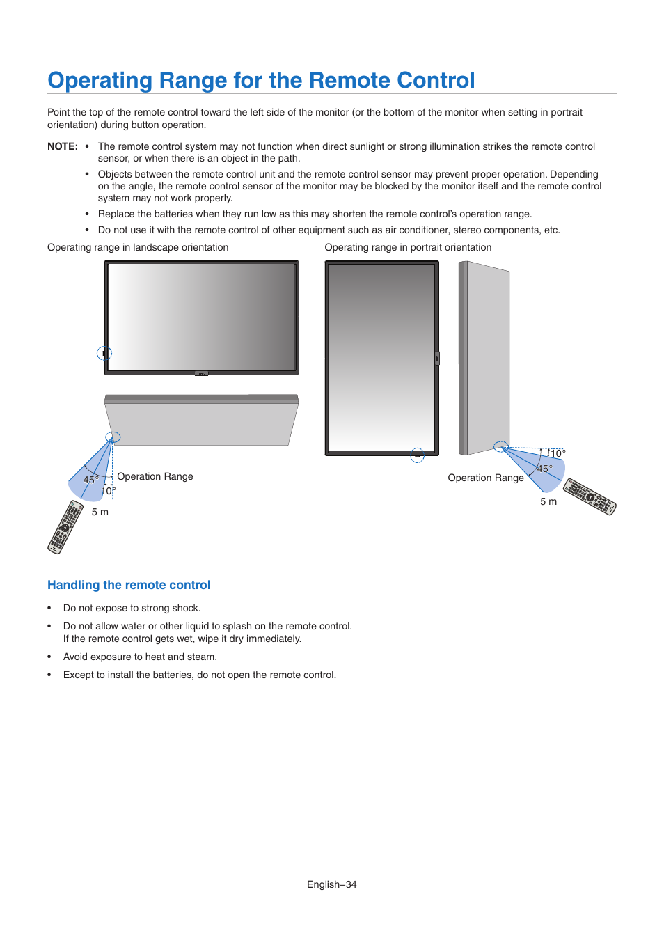 Operating range for the remote control | NEC M Series 32" Commercial PCAP Touchscreen Display User Manual | Page 38 / 90