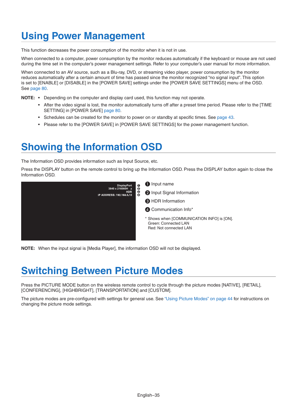 Using power management, Showing the information osd, Switching between picture modes | NEC M Series 32" Commercial PCAP Touchscreen Display User Manual | Page 39 / 90