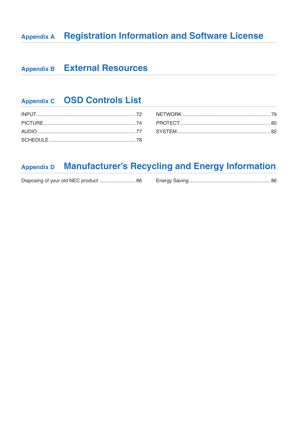 Registration information and software license, External resources, Osd controls list | Manufacturer’s recycling and energy information | NEC M Series 32" Commercial PCAP Touchscreen Display User Manual | Page 4 / 90