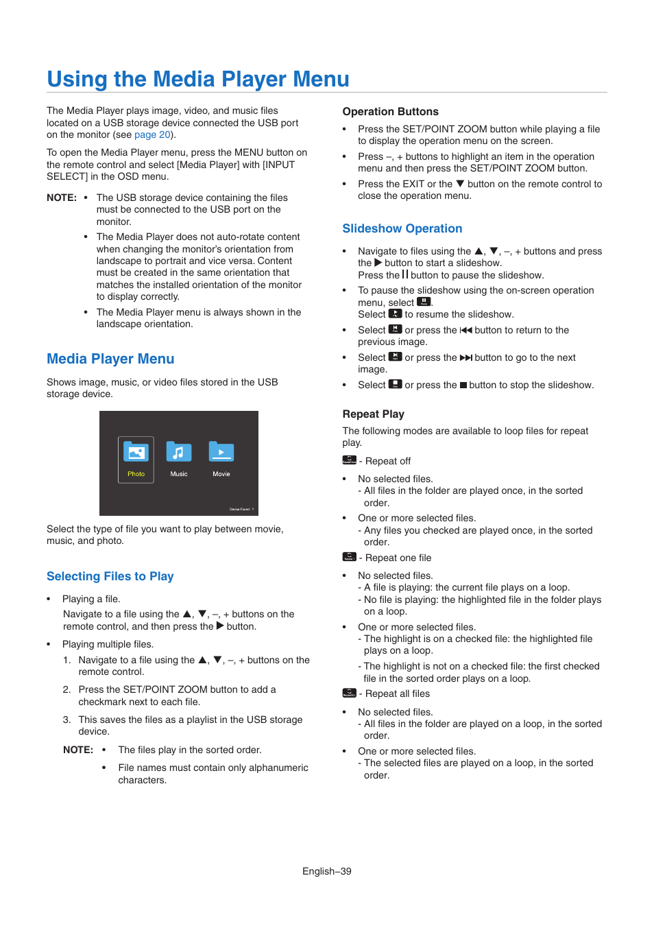 Using the media player menu, Media player menu, Using the media player menu media player menu | Using | NEC M Series 32" Commercial PCAP Touchscreen Display User Manual | Page 43 / 90