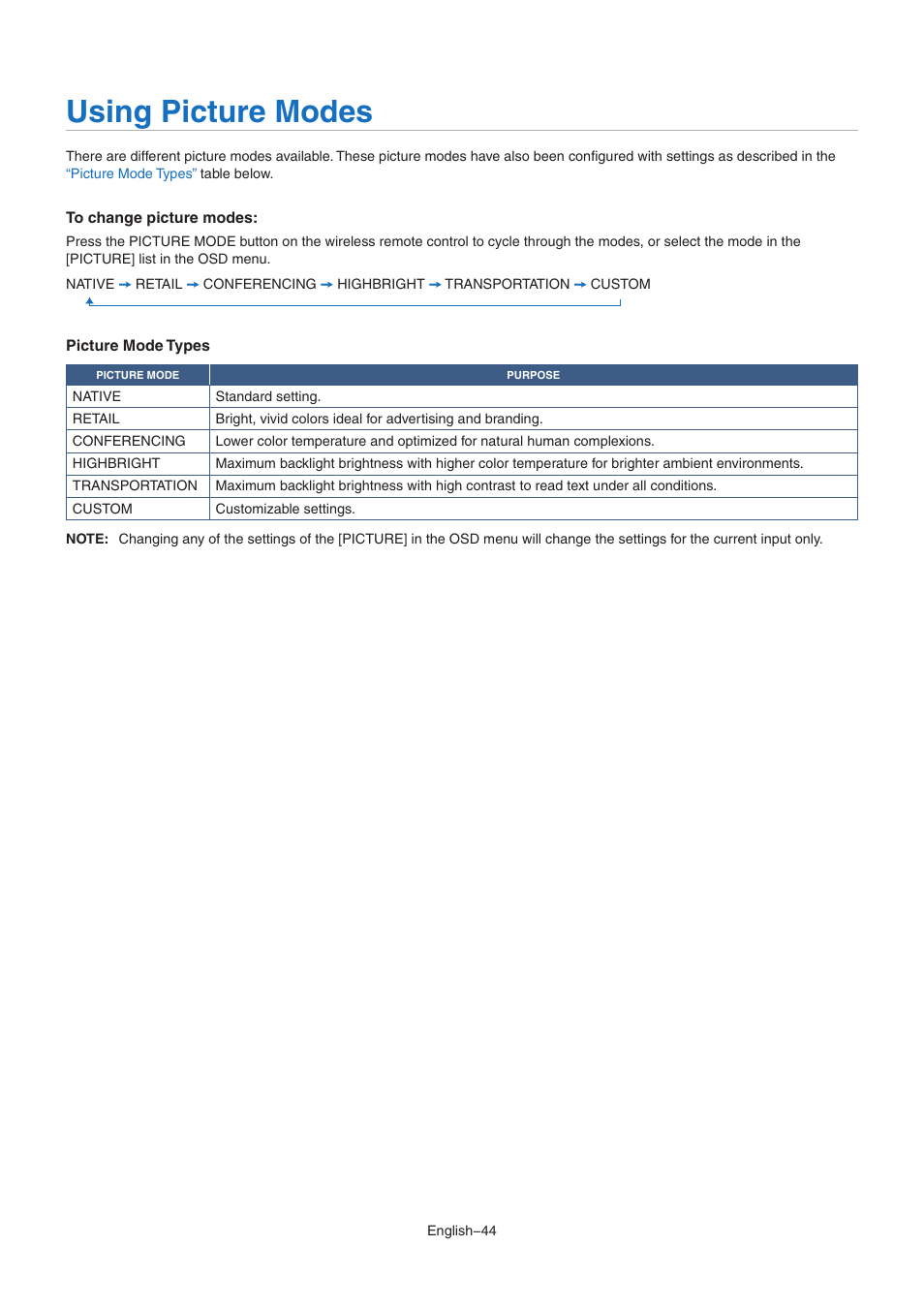Using picture modes | NEC M Series 32" Commercial PCAP Touchscreen Display User Manual | Page 48 / 90