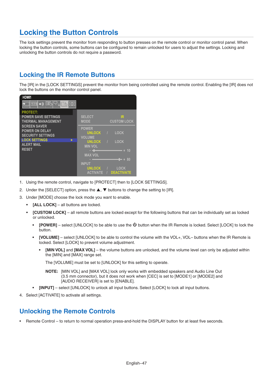 Locking the button controls, Locking the ir remote buttons, Unlocking the remote controls | NEC M Series 32" Commercial PCAP Touchscreen Display User Manual | Page 51 / 90