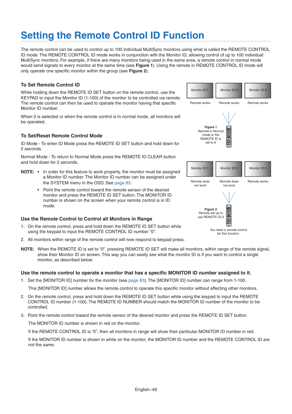 Setting the remote control id function | NEC M Series 32" Commercial PCAP Touchscreen Display User Manual | Page 53 / 90