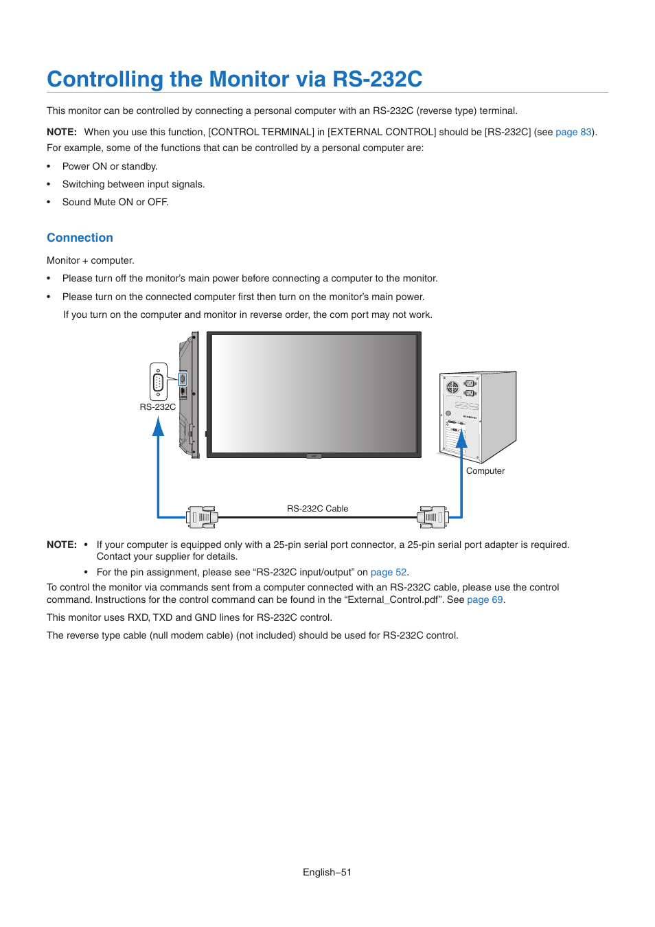 Controlling the monitor via rs-232c | NEC M Series 32" Commercial PCAP Touchscreen Display User Manual | Page 55 / 90