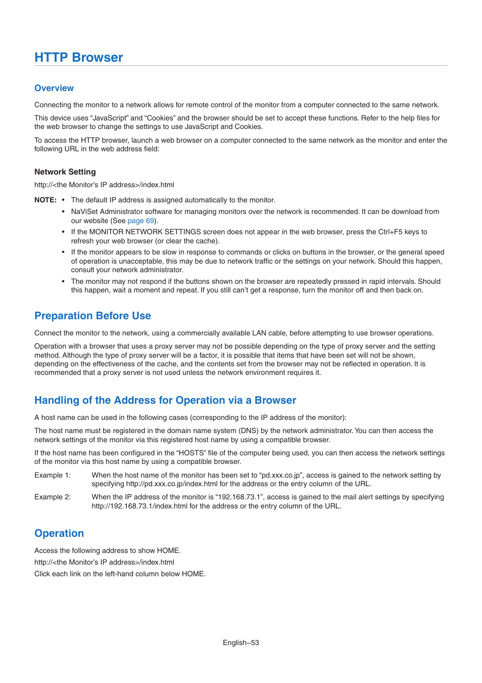 Http browser, Preparation before use, Operation | NEC M Series 32" Commercial PCAP Touchscreen Display User Manual | Page 57 / 90