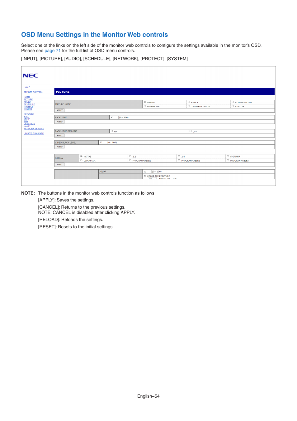 Osd menu settings in the monitor web controls | NEC M Series 32" Commercial PCAP Touchscreen Display User Manual | Page 58 / 90