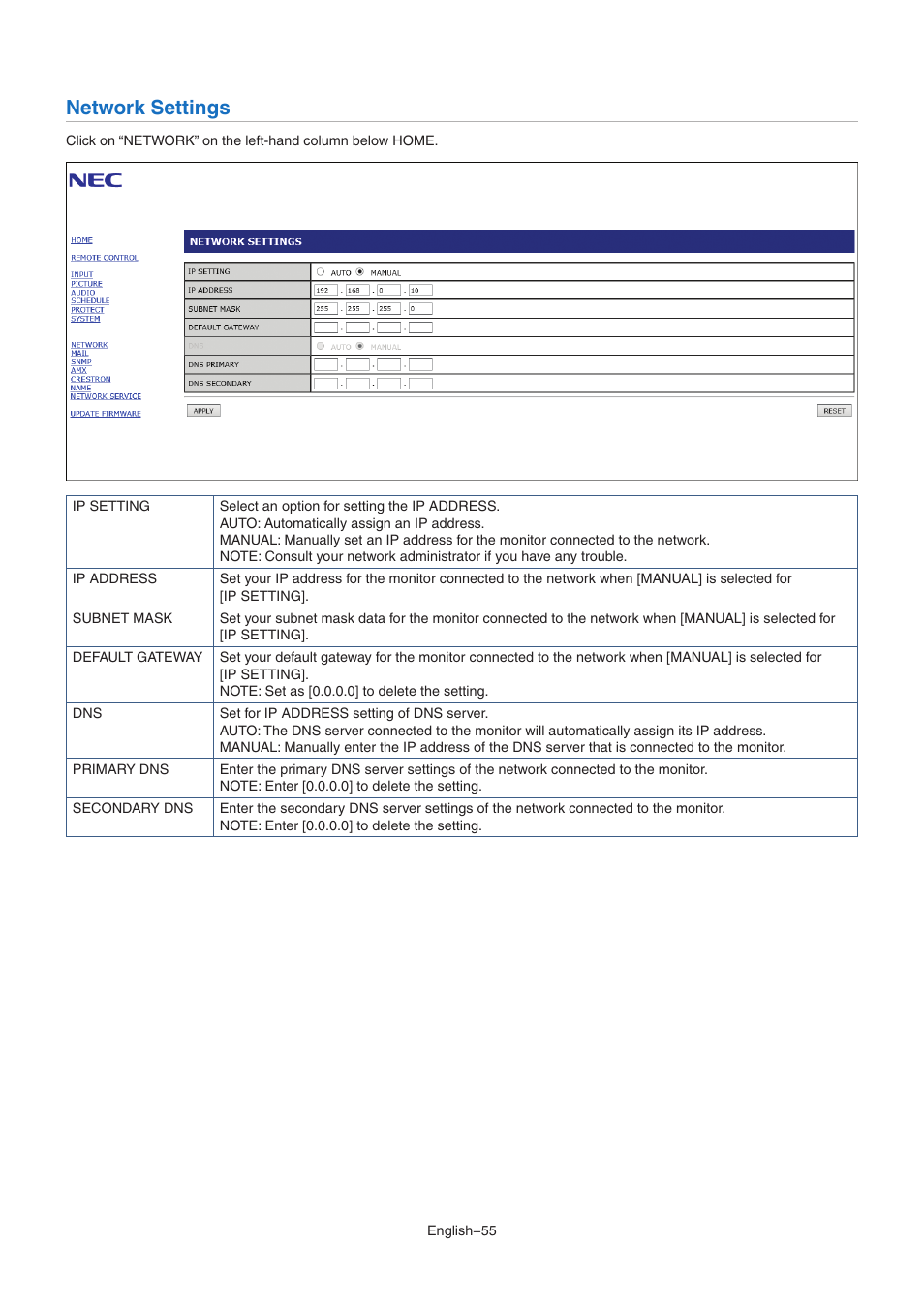 Network settings | NEC M Series 32" Commercial PCAP Touchscreen Display User Manual | Page 59 / 90