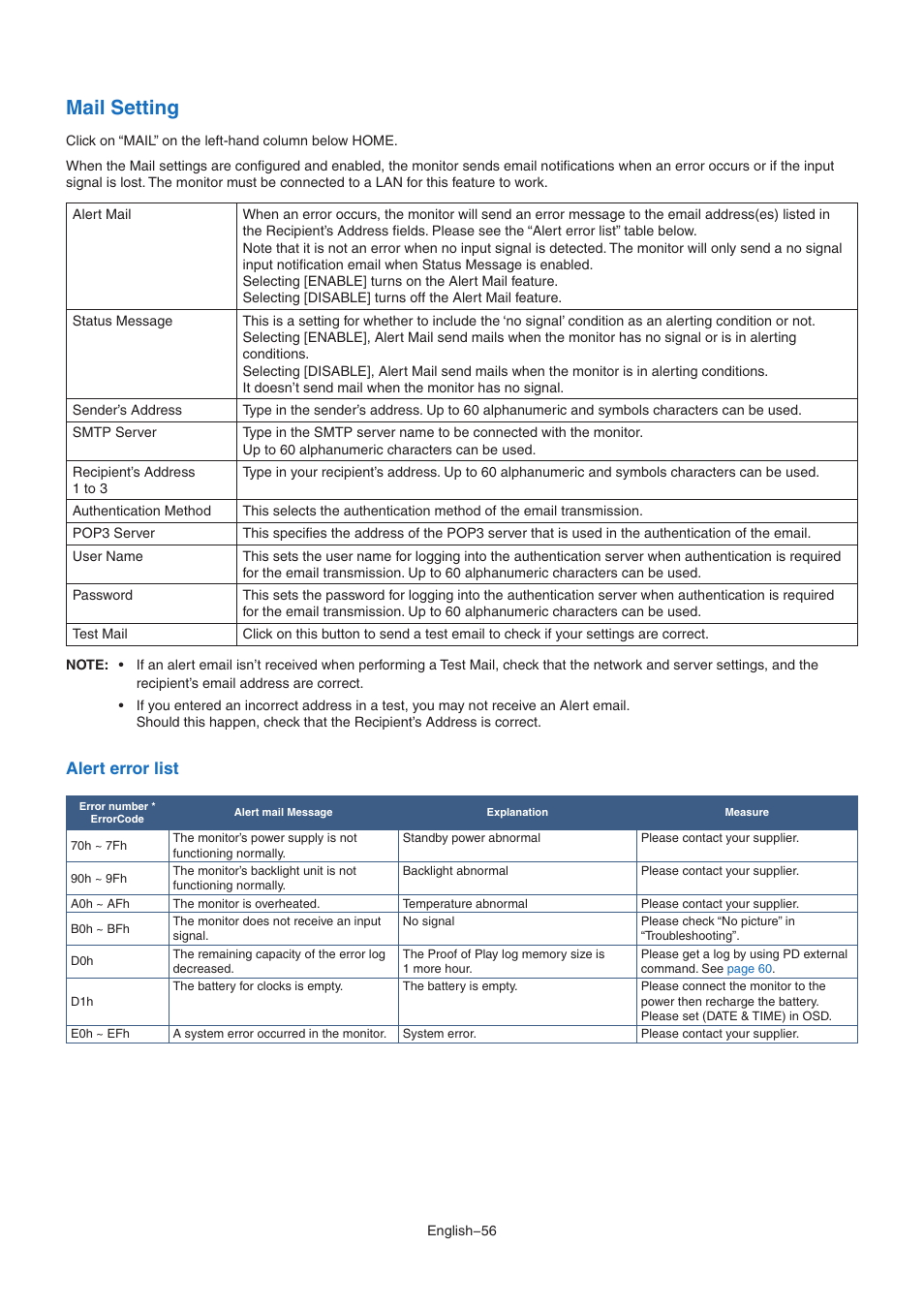 Mail setting, Alert error list | NEC M Series 32" Commercial PCAP Touchscreen Display User Manual | Page 60 / 90