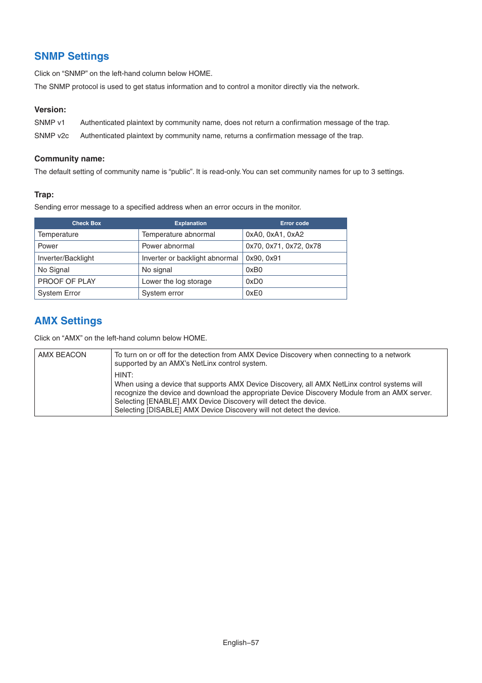 Snmp settings, Amx settings | NEC M Series 32" Commercial PCAP Touchscreen Display User Manual | Page 61 / 90