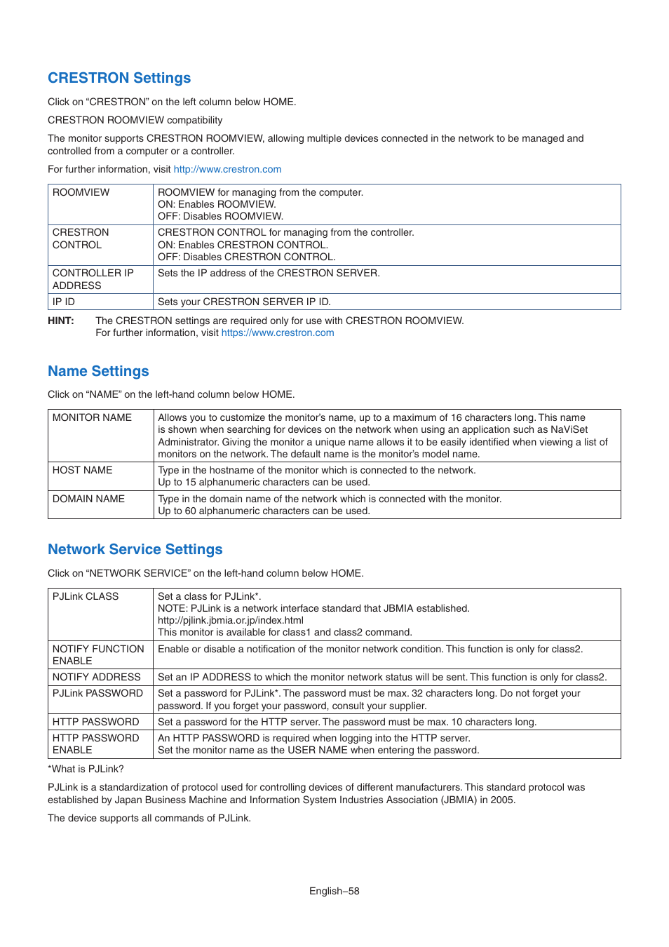 Crestron settings, Name settings, Network service settings | NEC M Series 32" Commercial PCAP Touchscreen Display User Manual | Page 62 / 90