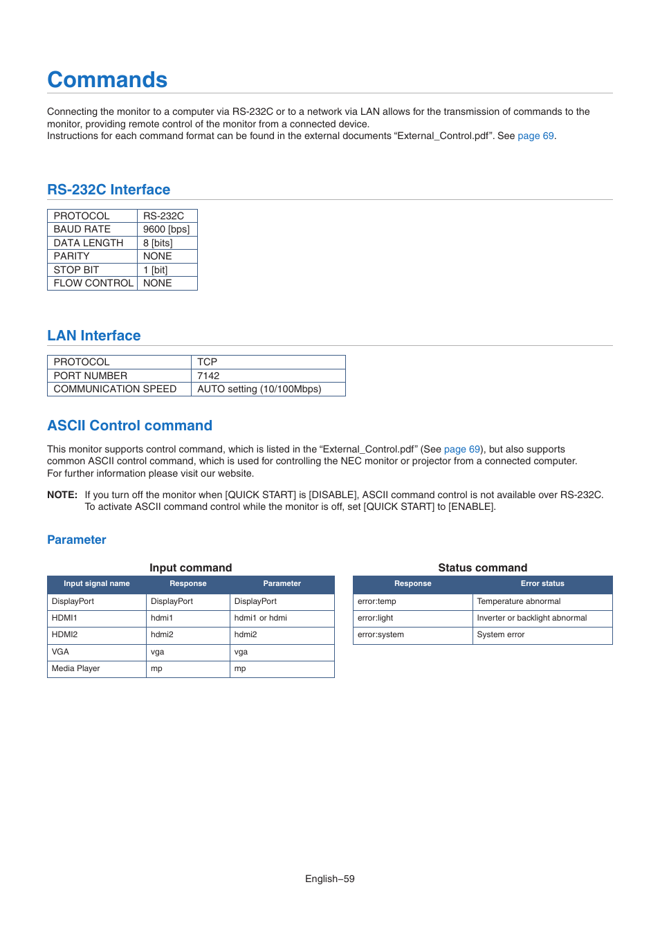 Commands, Rs-232c interface, Lan interface | Ascii control command | NEC M Series 32" Commercial PCAP Touchscreen Display User Manual | Page 63 / 90