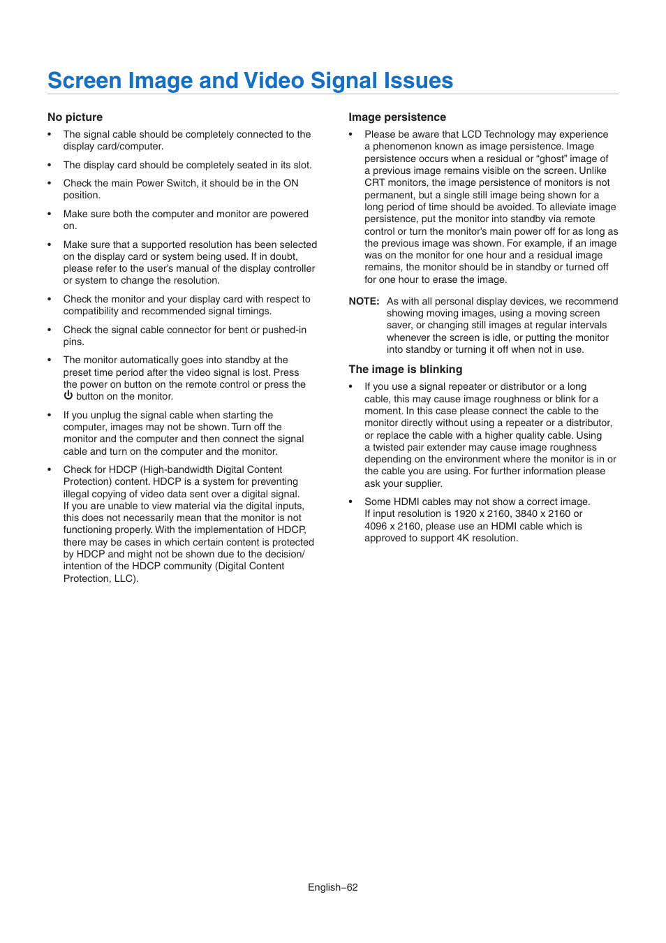 Screen image and video signal issues, No picture, Image persistence | The image is blinking | NEC M Series 32" Commercial PCAP Touchscreen Display User Manual | Page 66 / 90
