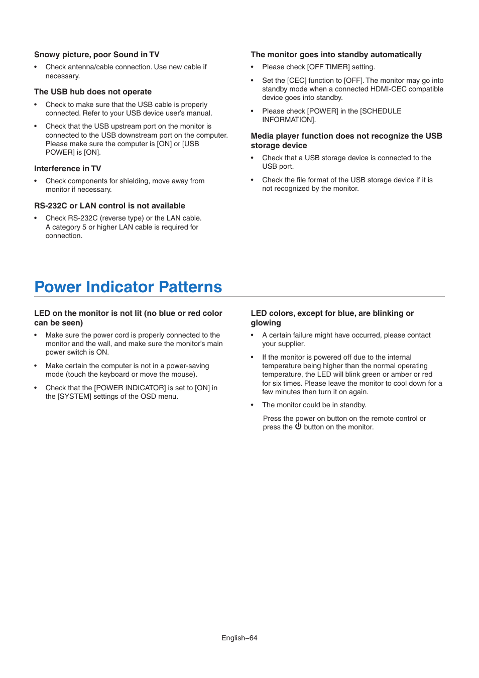Snowy picture, poor sound in tv, The usb hub does not operate, Interference in tv | Rs-232c or lan control is not available, The monitor goes into standby automatically, Power indicator patterns | NEC M Series 32" Commercial PCAP Touchscreen Display User Manual | Page 68 / 90